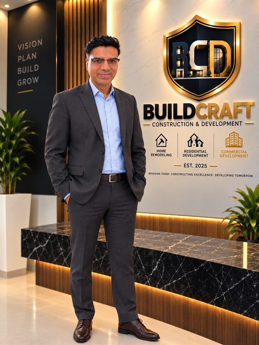 Imran Ahmad Siddiqui standing in the BuildCraft office in front of the company's logo wall